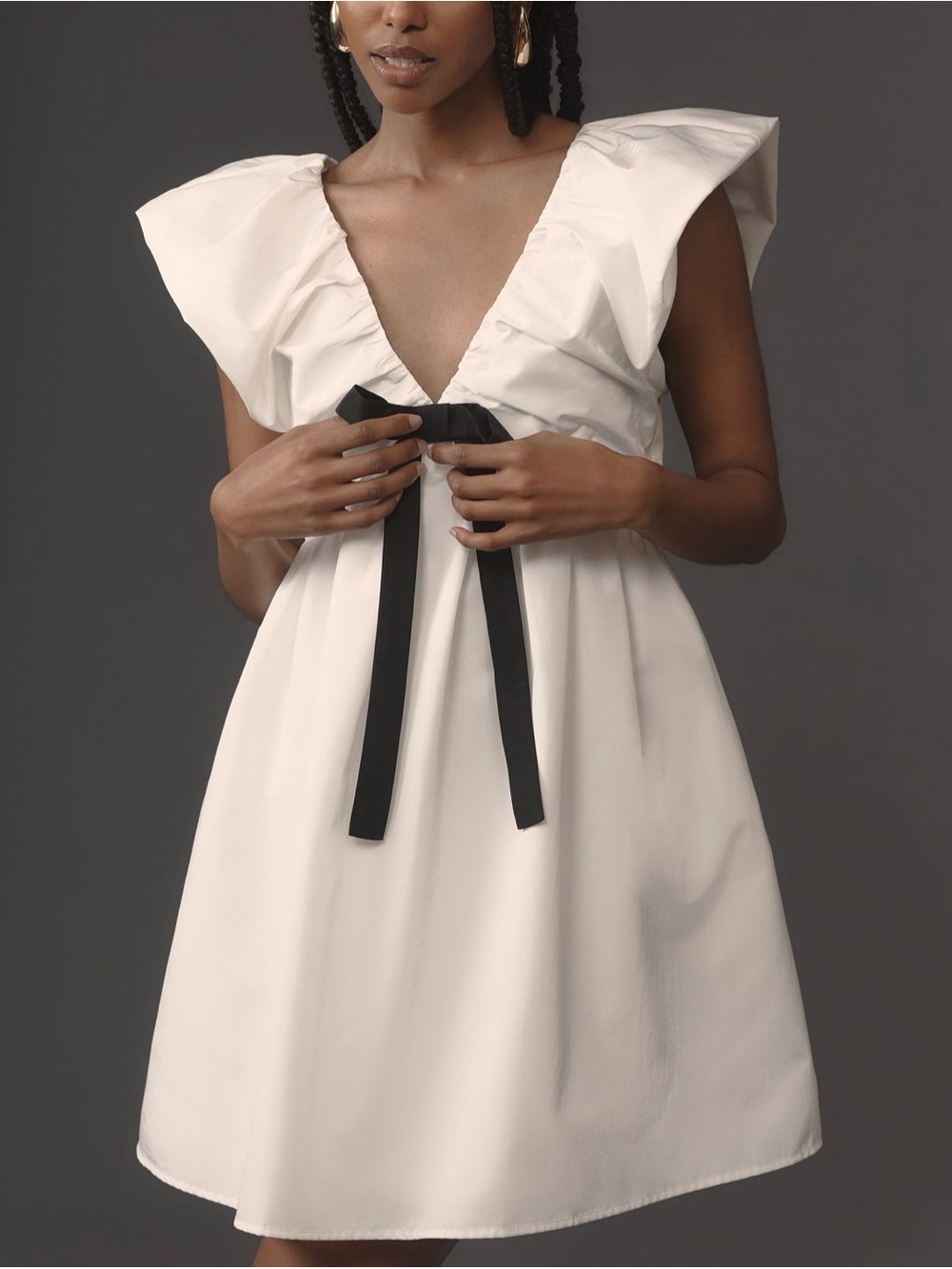 Endless Rose Anthropologie White Black Bow Ruffle Mini Dress NWT L